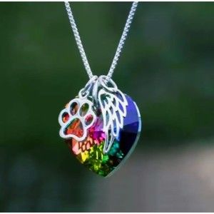 Colorful Heart Dog Paw Wing Silver Necklace Remember Loss